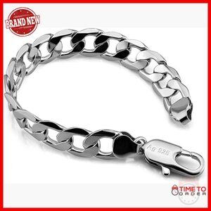 Sterling Silver Cuban Link Bracelet 10-12MM Diamond Cut Chain 7-10 Inch